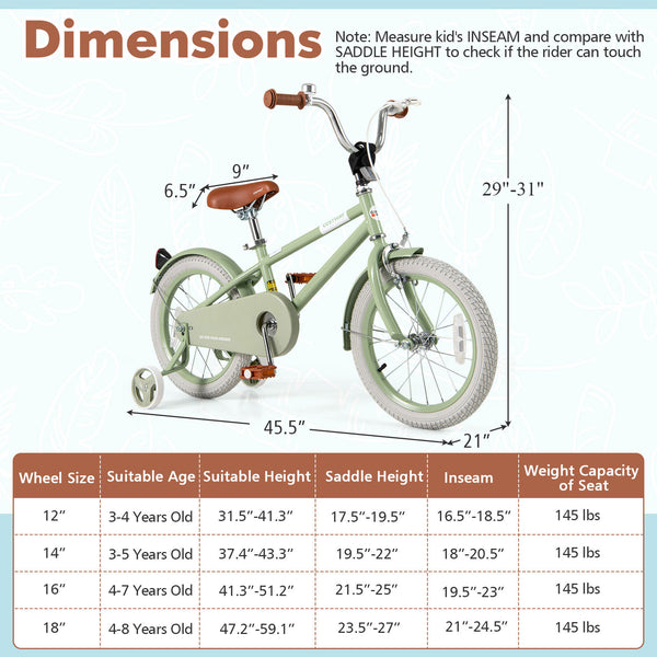 Kids Bike with Adjustable Handlebar and Saddle Green
