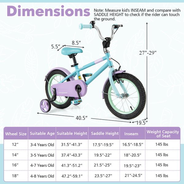 Kids Bike with Adjustable Handlebar and Saddle Purple