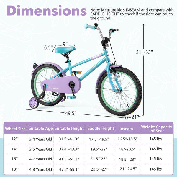 Kids Bike with Adjustable Handlebar and Saddle Purple