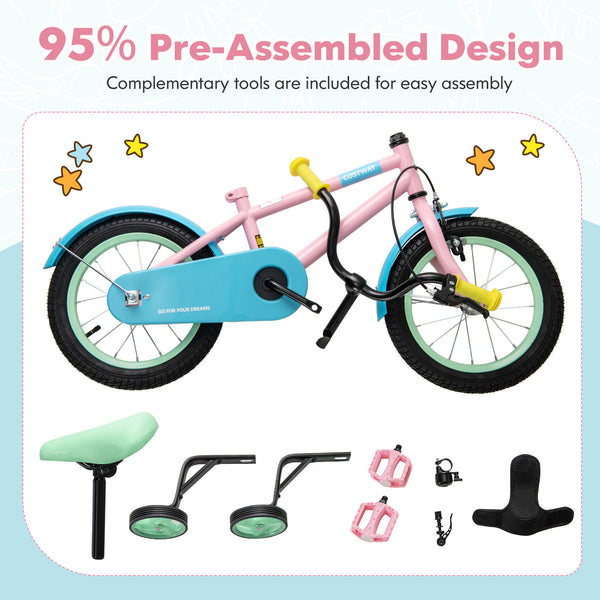 Kids Bike with Adjustable Handlebar and Saddle Pink - Training Wheels