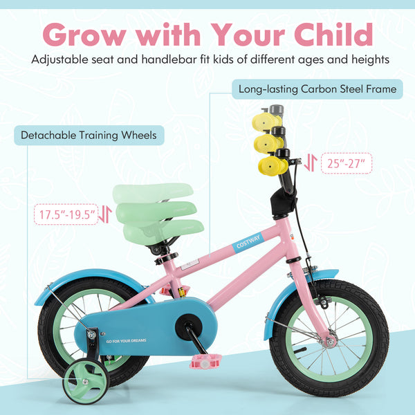 Kids Bike with Adjustable Handlebar and Saddle Pink - Training Wheels