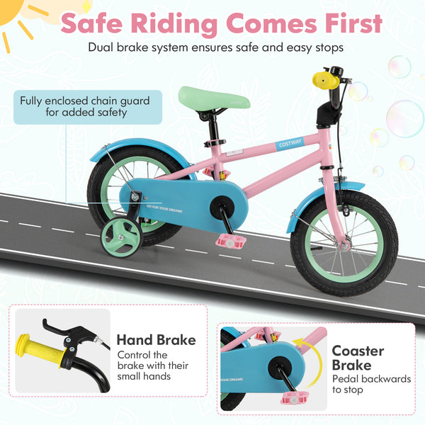 Kids Bike with Adjustable Handlebar and Saddle Pink - Training Wheels
