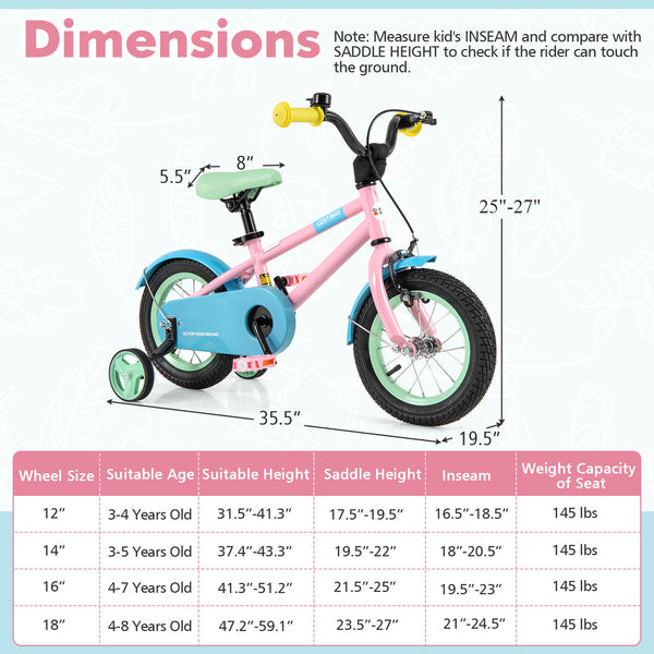 Kids Bike with Adjustable Handlebar and Saddle Pink - Training Wheels