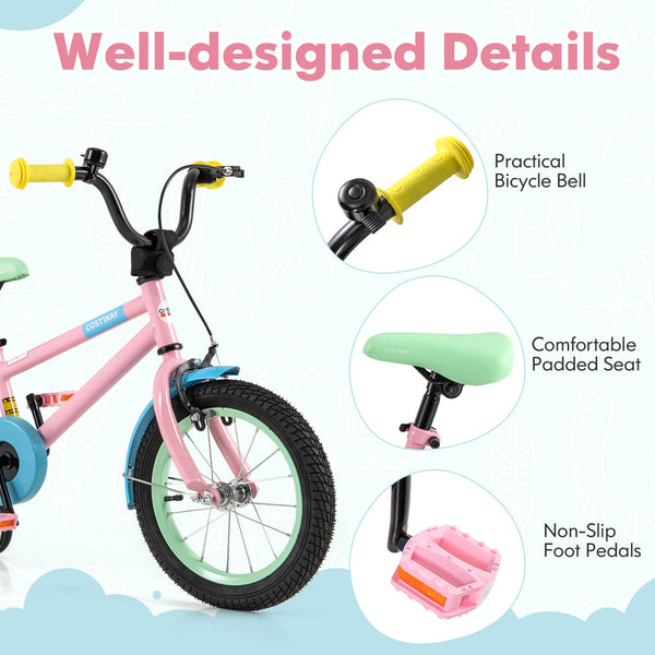 Kids Bike with Adjustable Handlebar and Saddle Pink - Training Wheels