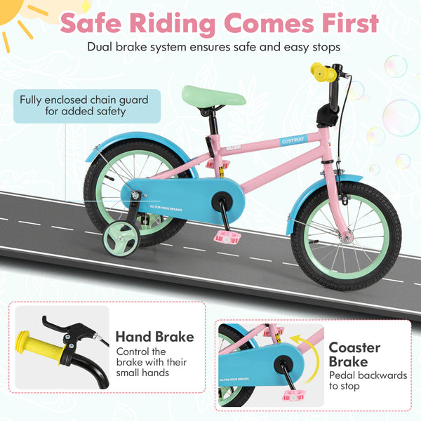 Kids Bike with Adjustable Handlebar and Saddle Pink - Training Wheels