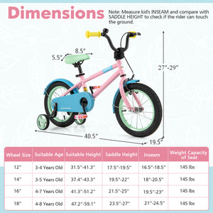 Kids Bike with Adjustable Handlebar and Saddle Pink - Training Wheels