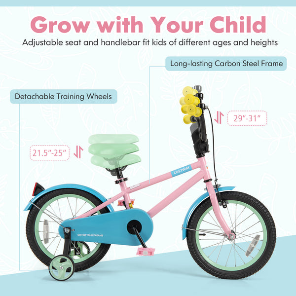 Kids Bike with Adjustable Handlebar and Saddle Pink - Training Wheels