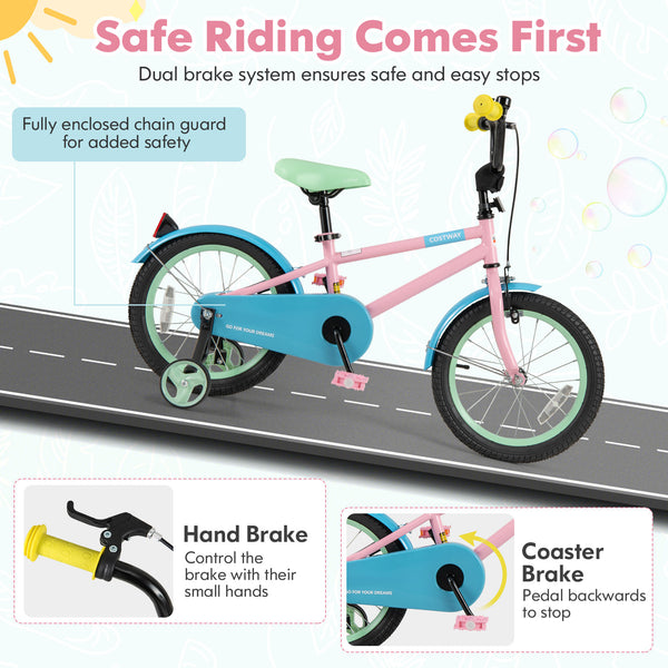 Kids Bike with Adjustable Handlebar and Saddle Pink - Training Wheels
