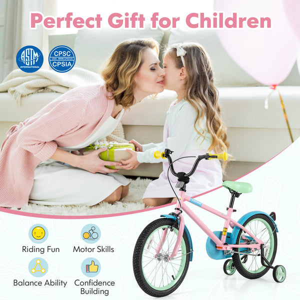 Kids Bike with Adjustable Handlebar and Saddle Pink - Training Wheels