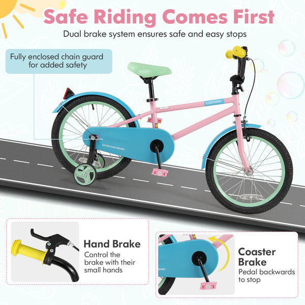 Kids Bike with Adjustable Handlebar and Saddle Pink - Training Wheels