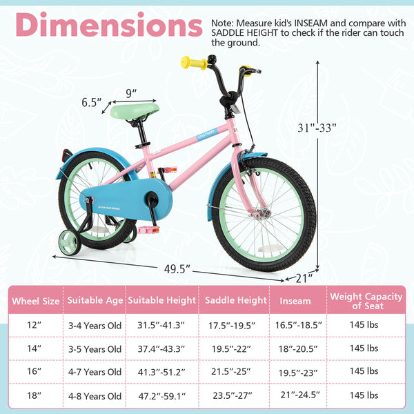 Kids Bike with Adjustable Handlebar and Saddle Pink - Training Wheels