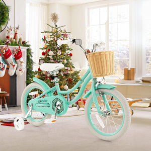 16-inch kids bike with training wheels and adjustable seat, perfect for young riders learning to balance and ride.