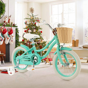 14-inch kids bike with training wheels, adjustable handlebar, and seat, perfect for young riders learning to balance.