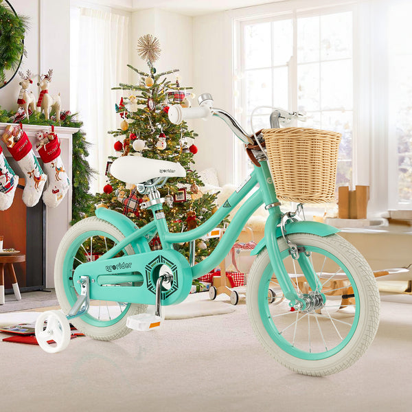 14-inch kids bike with training wheels, adjustable handlebar, and seat, perfect for young riders learning to balance.