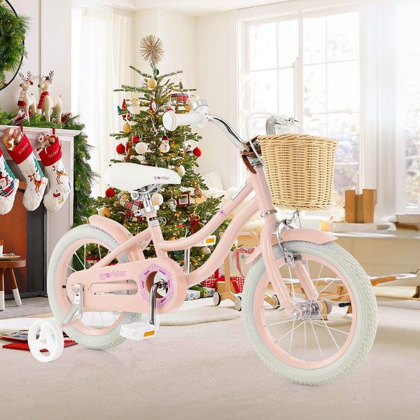 14-inch kids bike with training wheels, adjustable handlebar, and seat, perfect for young riders. Angle 17 view.