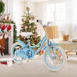 16-inch kids bike with training wheels and adjustable seat, perfect for young riders learning to balance.
