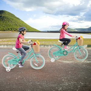 16-inch kids bike with training wheels and adjustable seat, perfect for young riders learning to balance.