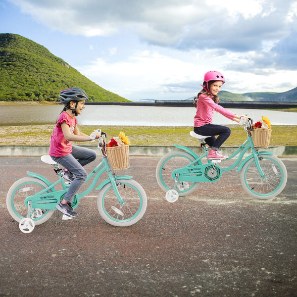 16-inch kids bike with training wheels and adjustable seat, perfect for young riders learning to balance.