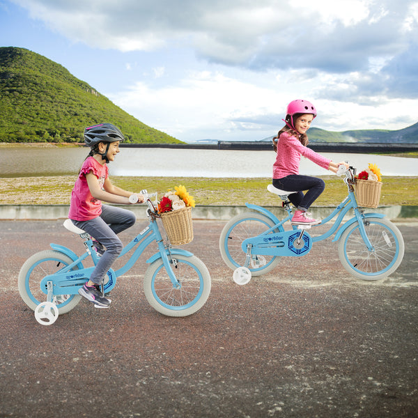 14-inch kids bike with training wheels and adjustable seat, perfect for young riders learning to balance and ride.