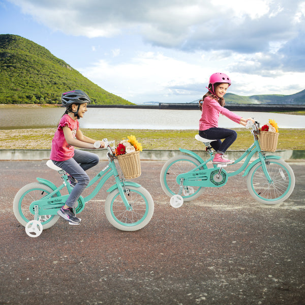 14-inch kids bike with training wheels, adjustable handlebar, perfect for learning to ride safely and comfortably.