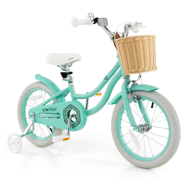 16-inch kids bike with training wheels and adjustable seat, perfect for young riders learning to balance and ride.