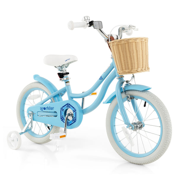 16-inch kids bike with training wheels and adjustable seat, perfect for young riders learning to balance and ride.