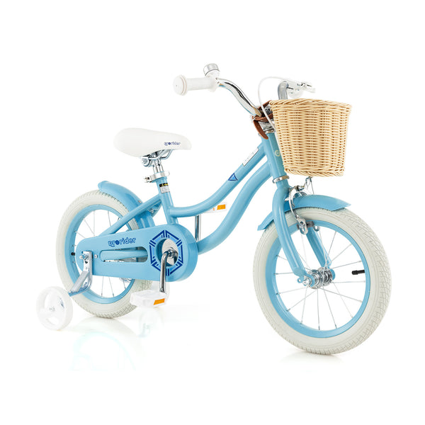 14-inch kids bike with training wheels, adjustable handlebar, and seat, perfect for young riders. Angle 3 view.