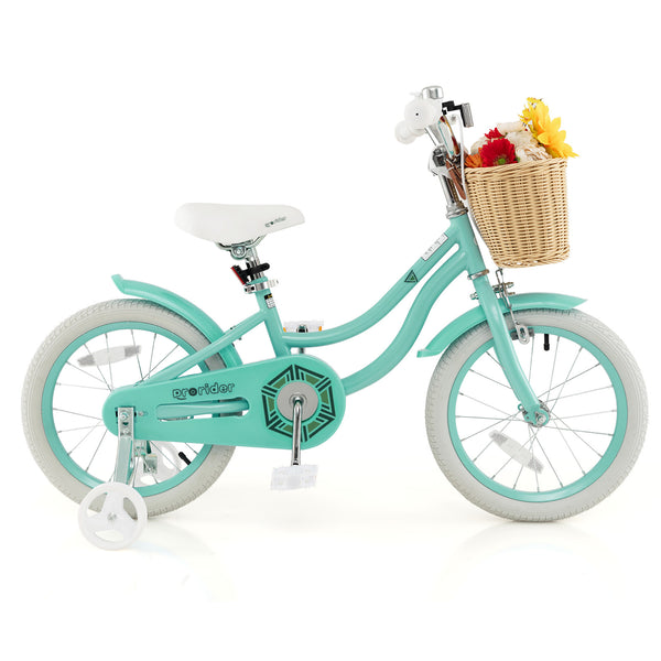 16-inch kids bike with training wheels and adjustable handlebar seat, perfect for young riders learning to balance.