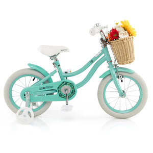 14-inch kids bike with training wheels, adjustable handlebar, and seat, perfect for young riders learning to balance.