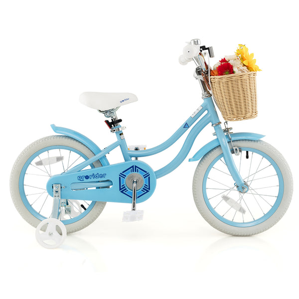 16-inch kids bike with training wheels, adjustable handlebar, and seat, perfect for young riders learning to balance.