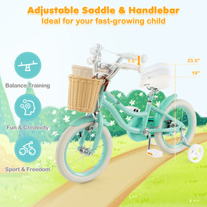 14-inch kids bike with training wheels and adjustable seat, perfect for young riders learning to balance and ride.
