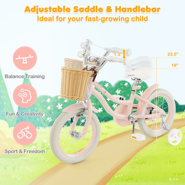 14-inch kids bike with training wheels and adjustable seat, perfect for young riders learning to balance.