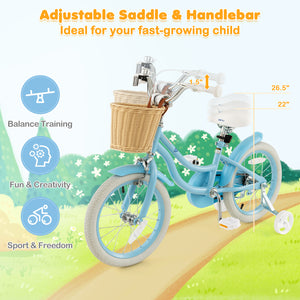 16-inch kids bike with training wheels and adjustable seat, perfect for young riders, shown at a 22-degree angle.
