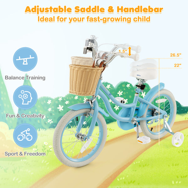 16-inch kids bike with training wheels and adjustable seat, perfect for young riders, shown at a 22-degree angle.
