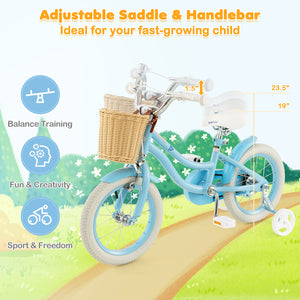 14-inch kids bike with training wheels and adjustable seat, perfect for young riders learning to balance and ride.