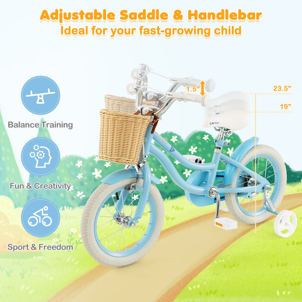 14-inch kids bike with training wheels and adjustable seat, perfect for young riders learning to balance and ride.