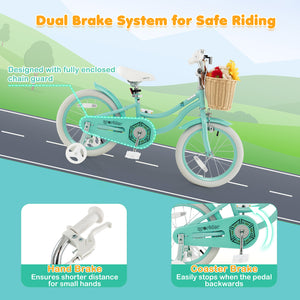 16-inch kids bike with training wheels and adjustable handlebars, perfect for young riders learning to balance.