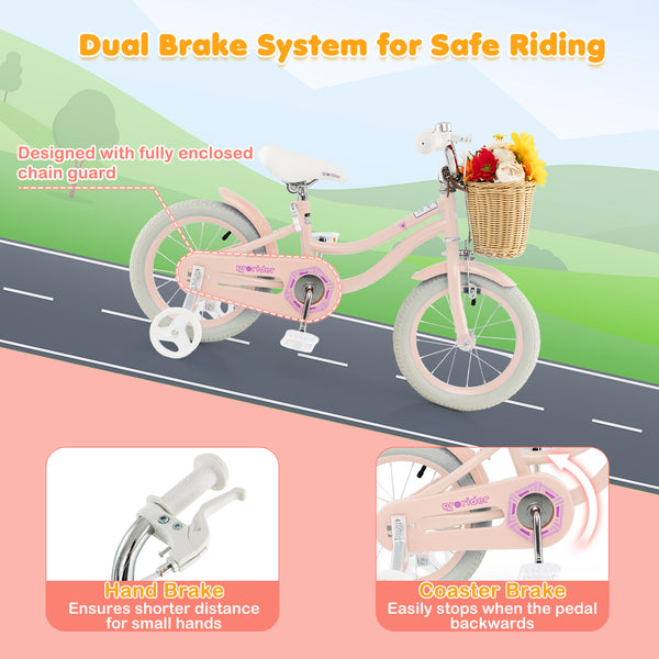 14-inch kids bike with training wheels and adjustable handlebars, perfect for young riders learning to balance.