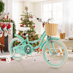 18-inch kids bike with training wheels and adjustable seat, perfect for young riders learning to balance and ride.