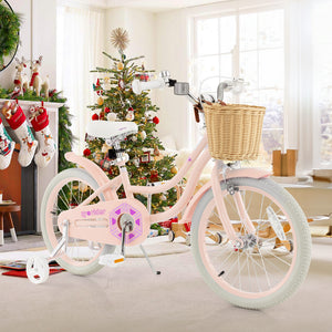18-inch kids bike with training wheels and adjustable seat, perfect for young riders learning to balance.