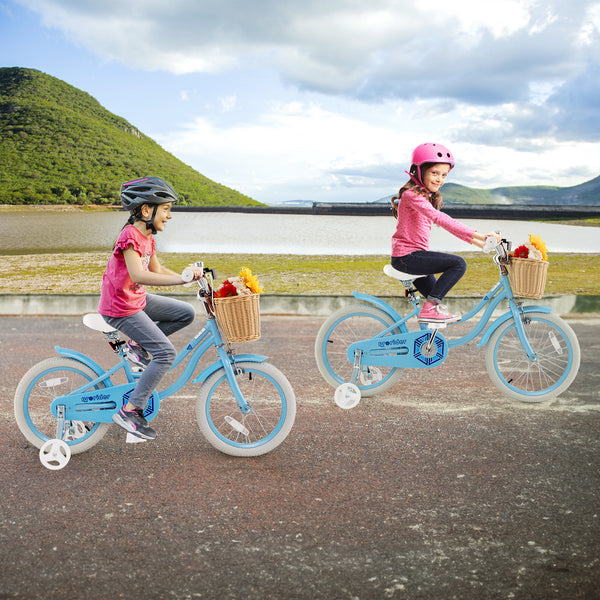 18-inch kids bike with training wheels and adjustable handlebars, perfect for young riders learning to balance.