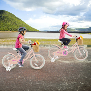 16-inch kids bike with training wheels and adjustable handlebar seat, perfect for young riders learning to balance.