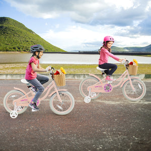 18-inch kids bike with training wheels and adjustable handlebar seat, perfect for young riders learning to cycle.
