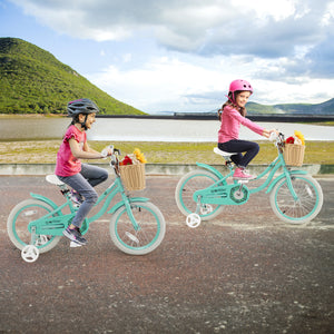 18-inch kids bike with training wheels and adjustable seat, perfect for young riders learning to balance.