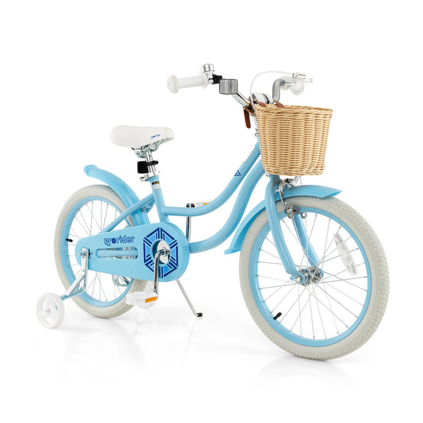 18-inch kids bike with training wheels and adjustable seat, perfect for young riders learning to balance and ride.