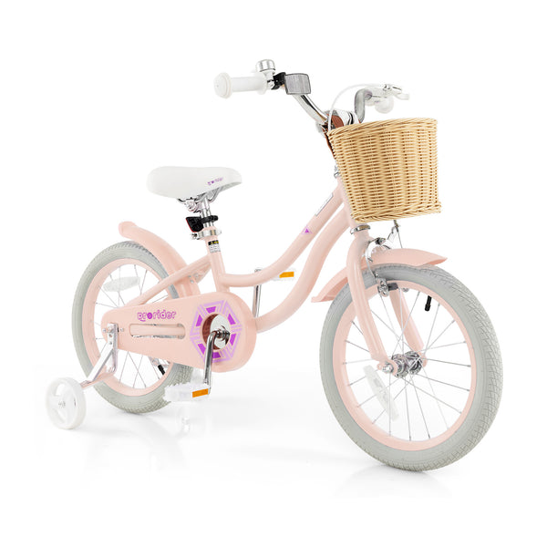 16-inch kids bike with training wheels and adjustable seat, perfect for young riders learning to balance and ride.