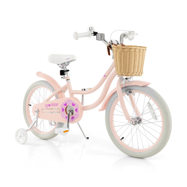 18-inch kids bike with training wheels and adjustable seat, perfect for young riders learning to balance and ride.