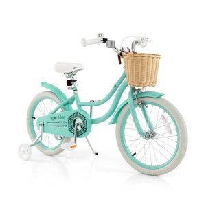 18-inch kids bike with training wheels and adjustable seat, perfect for young riders learning to balance.