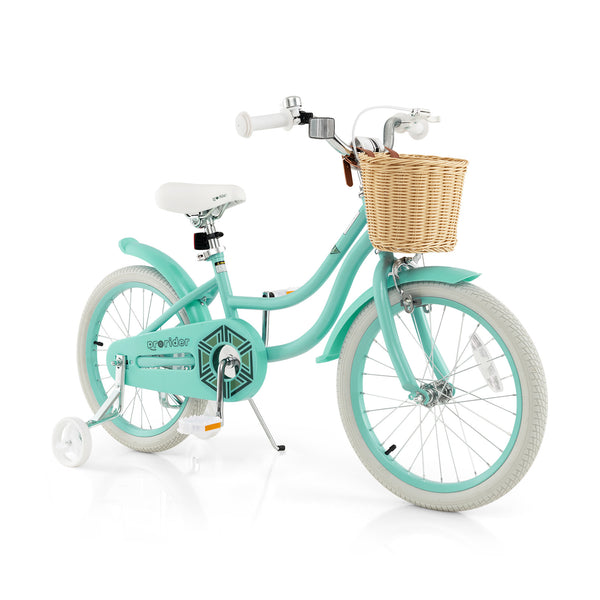 18-inch kids bike with training wheels and adjustable seat, perfect for young riders learning to balance.