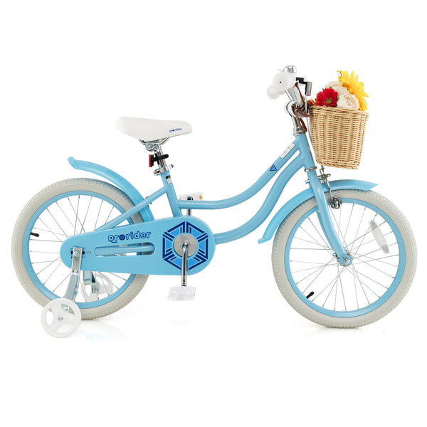 18-inch kids bike with training wheels and adjustable handlebar seat, perfect for young riders learning to balance.
